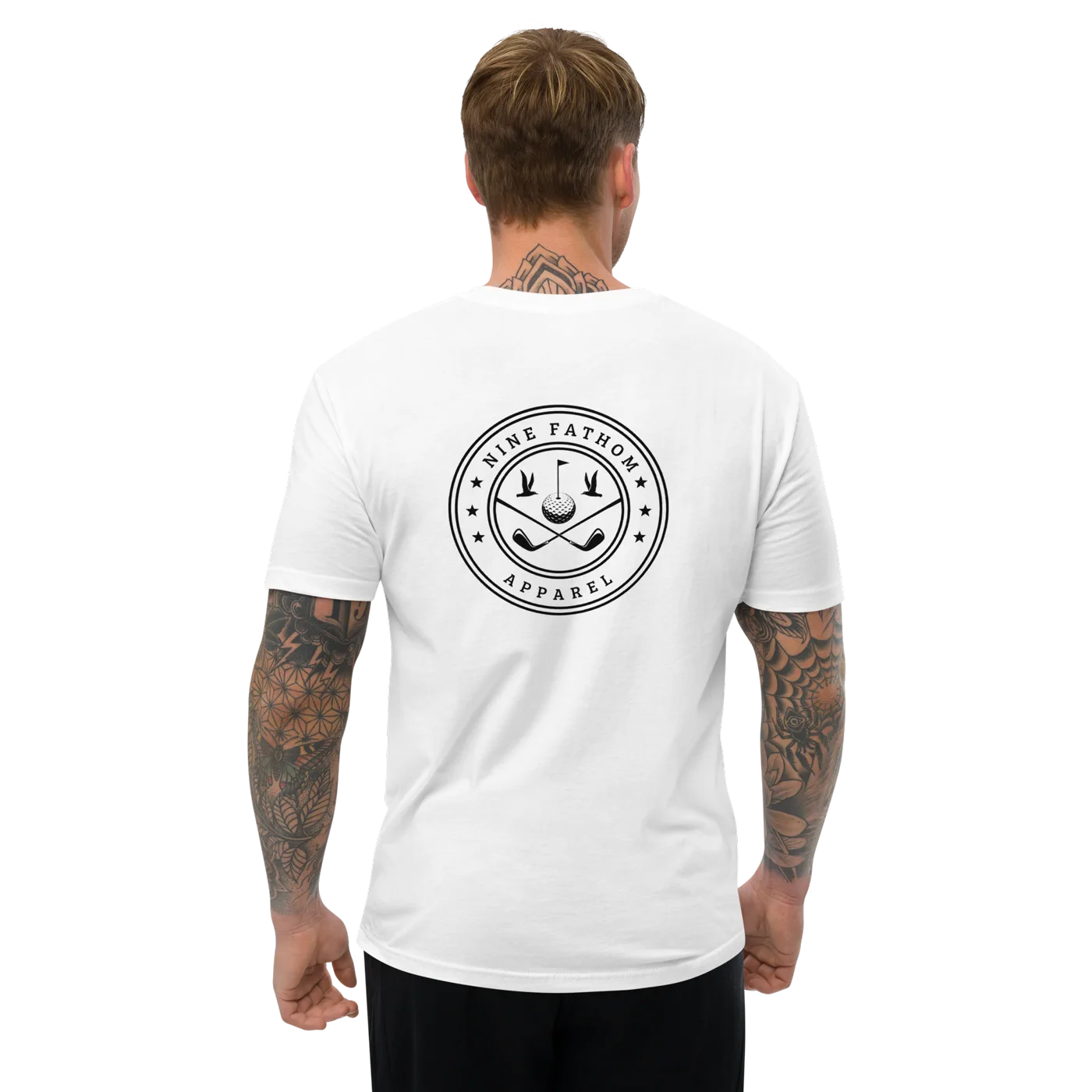 Model wearing the Nine Fathom crest across the back of the Seabird Tee