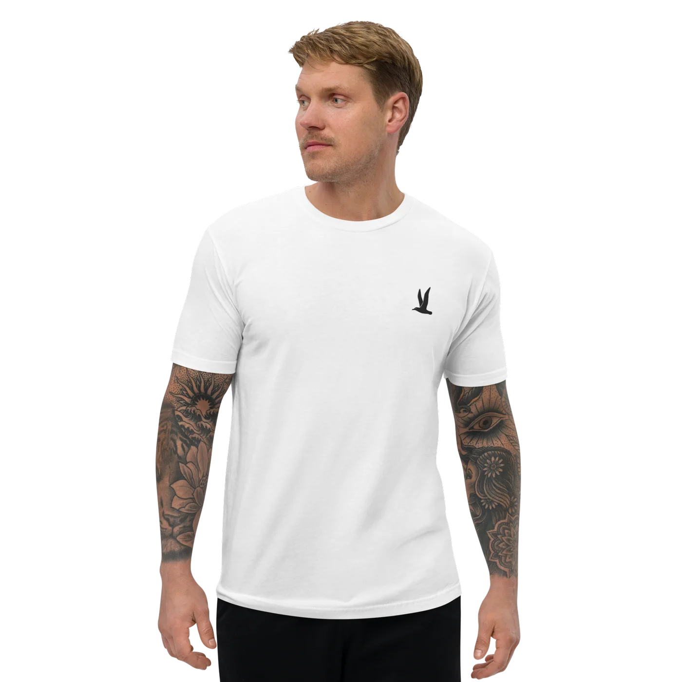 Model wearing the Seabird Tee, seabird at the chest